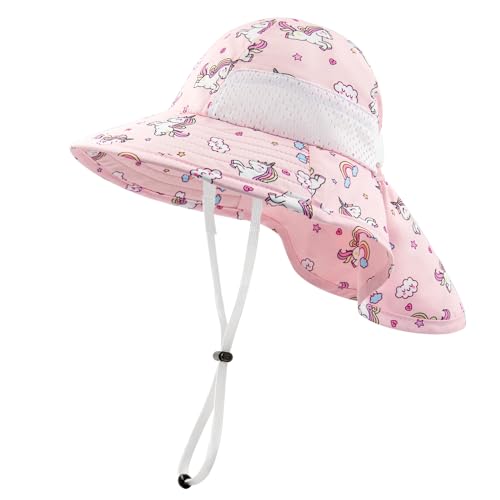 SEYUFN Baby Sonnenhut Mädchen Jungen Halskappe Kinderschutz Eimer Hüte Atmungsaktiver Baby Mädchen Strandhut Kleinkind Sommerhut (M(2-6 Jahre), C-Rosa Einhorn) von SEYUFN