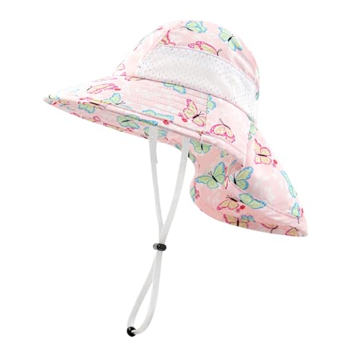 SEYUFN Baby Sonnenhut Mädchen Jungen Halskappe Kinderschutz Eimer Hüte Atmungsaktiver Baby Mädchen Strandhut Kleinkind Sommerhut (M(2-6 Jahre), C-Rosa Schmetterling) von SEYUFN