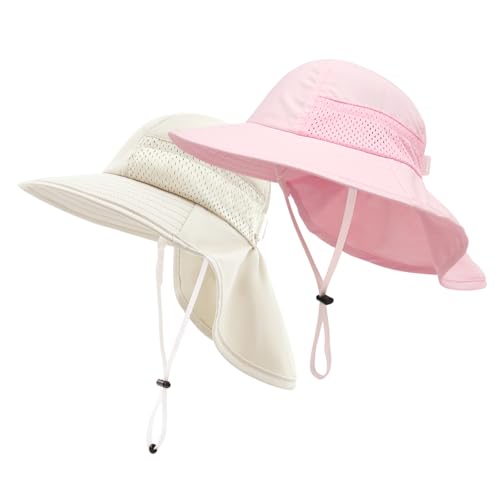 SEYUFN Baby Sonnenhut Mädchen Jungen Halskappe Kinderschutz Eimer Hüte Atmungsaktiver Baby Mädchen Strandhut Kleinkind Sommerhut (M(2-6 Jahre), C-Rosa&C-Beige) von SEYUFN