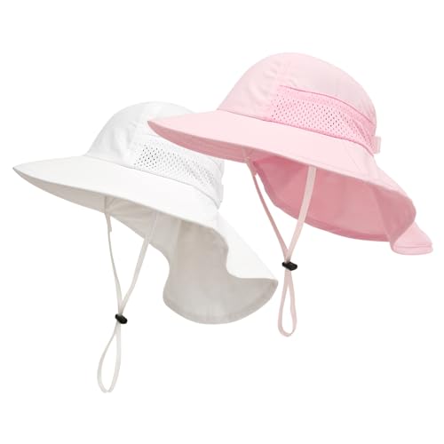 SEYUFN Baby Sonnenhut Mädchen Jungen Halskappe Kinderschutz Eimer Hüte Atmungsaktiver Baby Mädchen Strandhut Kleinkind Sommerhut (M(2-6 Jahre), C-Rosa&C-Weiß) von SEYUFN