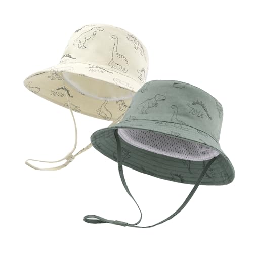 SEYUFN Bob Sonnenhut Baby-Fischerhut mit breiter Krempe Sonnenhut mädchen Verstellbarer Baumwollhut UV-Schutz Sommerhut für Kinder(Grüner Dinosaurier+Beige Dinosaurier,6-12 Monate) von SEYUFN