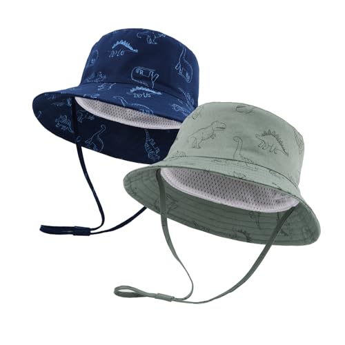 SEYUFN Bob Sonnenhut Baby-Fischerhut mit breiter Krempe Sonnenhut mädchen Verstellbarer Baumwollhut UV-Schutz Sommerhut für Kinder(Grüner Dinosaurier+Königsblauer Dinosaurier,3-6 Monate) von SEYUFN