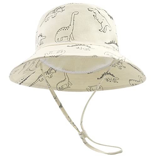 SEYUFN Bob Sonnenhut Baby-Fischerhut mit breiter Krempe Sonnenhut mädchen Verstellbarer Baumwollhut UV-Schutz Sommerhut für Kinder(Beige Dinosaurier,1-2 Jahre) von SEYUFN