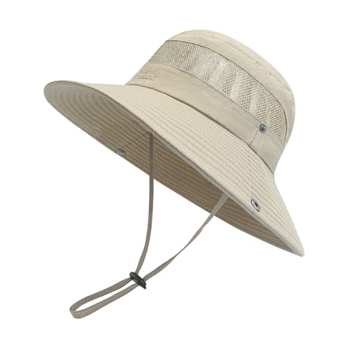 SEYUFN Damen Sonnenhut Outdoor Sommer Wanderhut Damen UV-Schutz Bucket Cap Faltbar Mesh Pferdeschwanz Breite Krempe Zum Safari Angeln (B-Kein Pferdeschwanzloch-Khaki) von SEYUFN