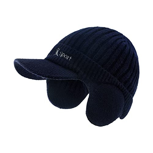 SEYUFN Herren Winter Warme Strickmütze Erwachsene Visier Fleece Beanie Jugend Ohrenklappe Hut Mann Geschenk Geburtstag Outdoor Skifahren Motorrad Wandern Radfahren (C#Marine) von SEYUFN