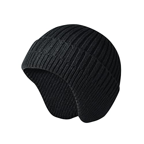 SEYUFN Herren Wintermütze Frauen Ohrhörer Hut Erwachsene Warm Strickmütze Skull Cap Schnee Fleece Gefüttert Outdoor Ski,D-Schwarz von SEYUFN