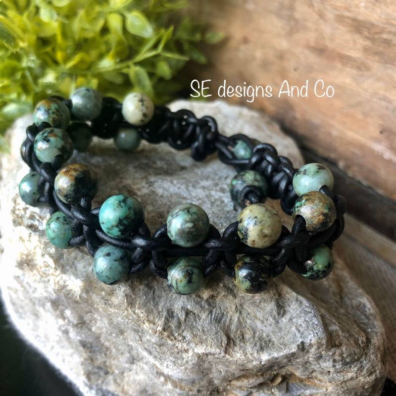 Grün Jaspis Türkis Stein Geflochtenes Lederarmband Handgefertigt Mit Heilsteinen von SEdesignsAndCo