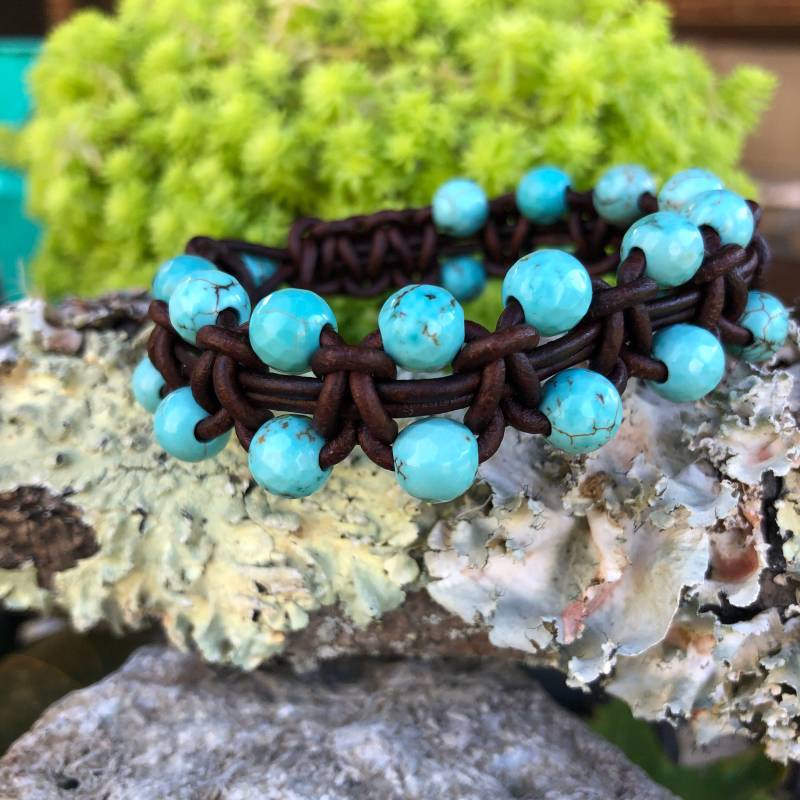 Türkis Achat Stein Lederarmband Geflochtenes Western Style von SEdesignsAndCo