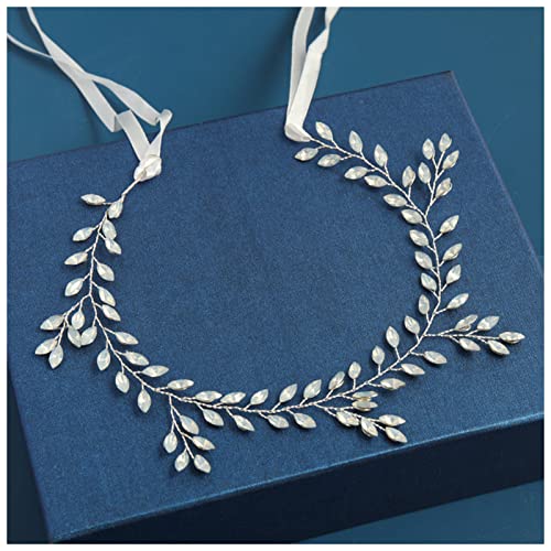 Stirnband Damen Hochzeit Haarschmuck Kristall Perlen Stirnband Tiara Blume Kopfschmuck Haarrebe Frauen Haarschmuck Braut Haarschmuck Stirnband (Size : 40cm Silver) von SEvso