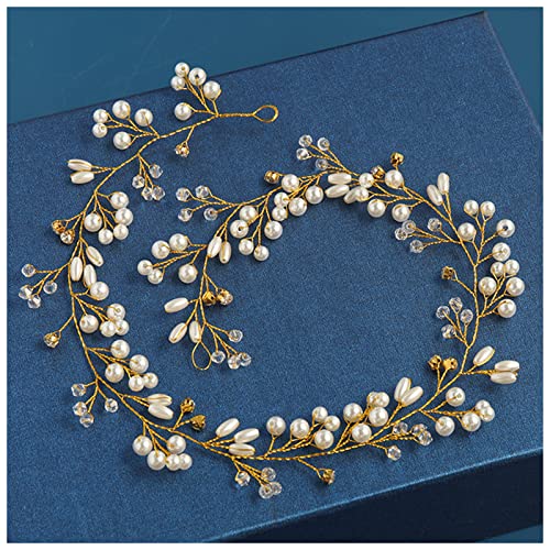 Stirnband Damen Hochzeit Haarschmuck Kristall Perlen Stirnband Tiara Blume Kopfschmuck Haarrebe Frauen Haarschmuck Braut Haarschmuck Stirnband (Size : 50cm Gold) von SEvso