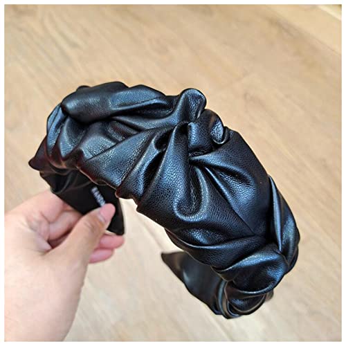 Stirnband Damen Mode Frauen Haarschmuck Weit Seite Plissee Künstliche Leder Stirnband Lässig Massives Haarband Erwachsene Headwear Stirnband (Size : Black hairband) von SCALZE