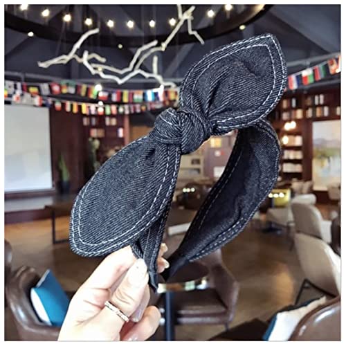 Stirnband Damen Mode Haarschmuck Frauen Denim Bogen Stirnbänder Side Kaninchen Ohren Geknotete Haarband Wildes Mädchen Nette Gesicht Wash Hair Hoop Headwear Stirnband (Size : Black cowboy) von SEvso