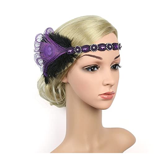 Stirnband Feder 1920er Jahre Vintage Kopfschmuck Frauen Feder Flapper Stirnband Great Gatsby Kopfschmuck Party Hochzeit Haarschmuck Feder Stirnband (Color : Purple, Size : One Size) von SEvso