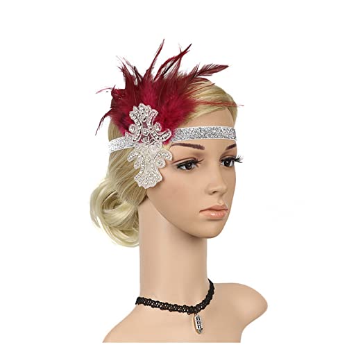 Stirnband Feder Frauen Kopfstück Haarschmuck Kopfschmuck Vintage Prom Frauen Haarschmuck Klapper Kopfschmuck Feder Stirnband (Color : Wine Red, Size : One Size) von SEvso