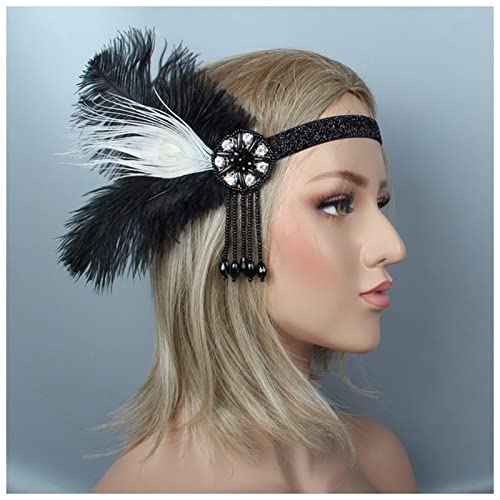 Stirnband Feder Frauen Vintage Feder Stirnband Schwarz Strass Perlen Pailletten Haarband 1920er Jahre GATSBY Party Kopfschmuck Flapper Feder Stirnband Feder Stirnband (Size : B) von SEvso