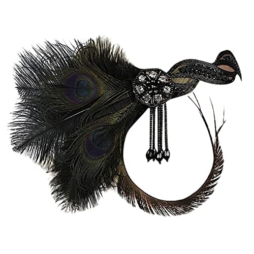 Stirnband Feder Haarschmuck Schwarz Strass Perlen Pailletten Haarband 1920er Jahre Vintage Party Kopfschmuck Frauen Stirnband Feder Stirnband (Color : Black, Size : One Size) von SEvso