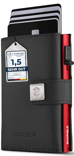 Scofield® Slim Wallet Ι Card holder Ι Mini Geldbörse Ι Platz für bis zu 12 Karten Ι Kartenetui Ι Kreditkartenetui mit RFID Schutz Ι Geldbeutel Ι (Black Leather / Red Case / kein Münzfach) von SF SCOFIELD