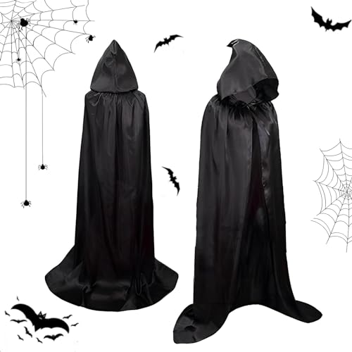 SFSSHUI Halloween Umhang mit Kapuze,Schwarzer Umhang Mit Kapuze,Halloween Schwarzer Cape,Halloween Kostüm,Darth Vader Umhang Mittelalter Umhang Cape Mantel Satin Karneval von SFSSHUI