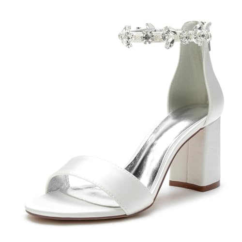 Bequeme Brautschuhe mit Diamant Knöchelriemen Satin Pumps für Braut Abschlussball, Party, Schuhe, 8 cm Heels,A Ivory,36 EU von SFSSWSRYDF