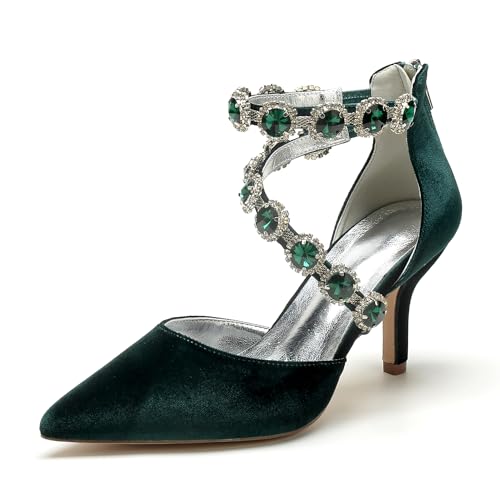 Damen Sparkle Strass Knöchelriemen High Heels Pumps Geschlossene Spitze Zehen Samt Wildleder Abend Party formelle Schuhe 8cm,Dark Green,38EU von SFSSWSRYDF