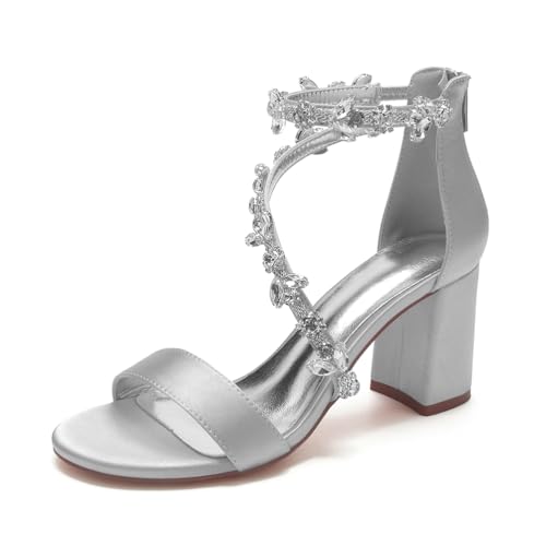 Damen Weiß Diamant Hochzeitsschuhe Funkeln und Blenden Sandalen für Braut High Heels Brautschuhe Satin Blockabsatz Abschlussball Party Kleid Pumps,A Silver,40 EU von SFSSWSRYDF