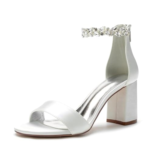 Funkeln Brautschuhe für Frauen Satin Brautjungfer Schuhe mit Strass Knöchelriemen Partyschuhe Hochzeitsschuhe,A Ivory,37EU von SFSSWSRYDF
