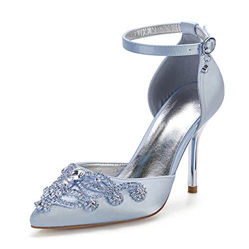 Kristall Pumps Spitzen Zehen High Heels Stiletto mit Knöchelriemen Satin Brautschuhe Brautjungfer Schuhe,Sky Blue,39 EU von SFSSWSRYDF