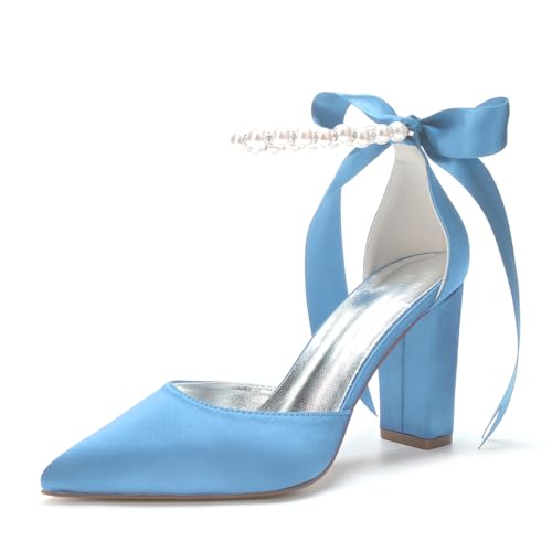 Perle Knöchelriemen Hoher Absatz Bequem High Heel Pumps Satin Brautschuhe Sandalen Partyschuhe 9cm Heel,Sky Blue,39EU von SFSSWSRYDF