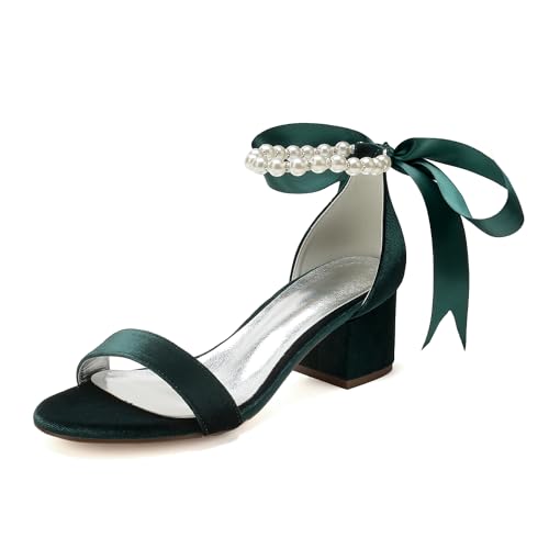 Damen Absätze Sandalen High Heels Samt Hochzeitsschuhe mit Schleife Brautschuhe Perle Knöchelriemen Kleid Schuhe Pumps für Damen 5.5cm,Dark Green,38EU von SFSSWSRYDF