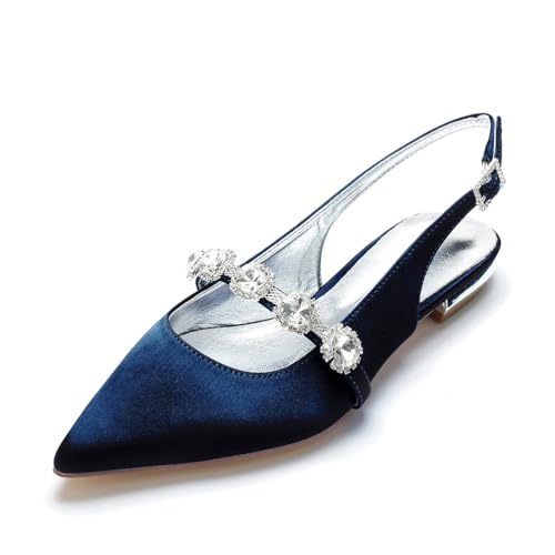 SFSSWSRYDF Damen Slingback Bequeme Flach Brautschuhe Funkeln Riemchen Satin Slingpumps Damen-Flats mit spitzer Zehenpartie,Dark Blue,43 EU von SFSSWSRYDF