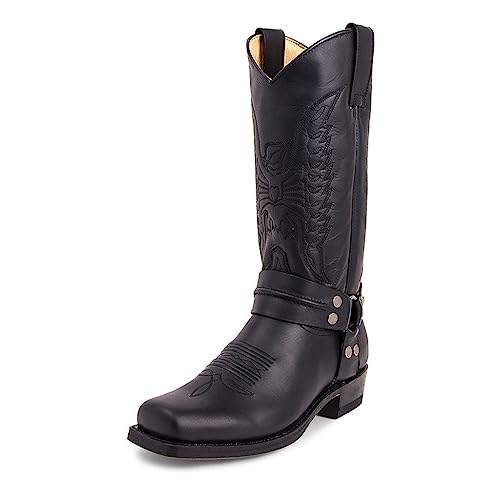 SFSSWSRYDF Herren Cowboystiefel mit Quadratische Zehe Bestickte Genähte Westernstiefel PU Leder Schlupfstiefel,Schwarz,43 EU von SFSSWSRYDF