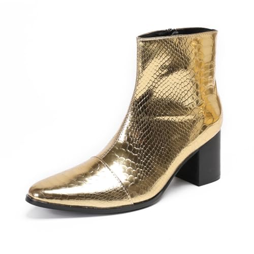 SFSSWSRYDF Herren Gold Patent Heeled Stiefelette mit Reißverschluss Krokodil-Prints Hohe Top Echtes Leder Dress Boots,Gold,45 EU von SFSSWSRYDF