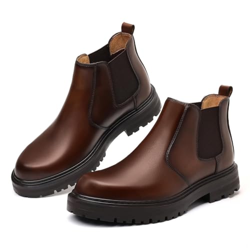 SFSSWSRYDF Herren Slip On Chelsea-Stiefel Aus Echtem Rindsleder Mode Komfort Stiefeletten Leder chukkastiefel Worker Biker Boots,A Brown,EU42 von SFSSWSRYDF