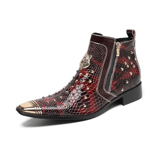 SFSSWSRYDF Herren Stiefel Nieted mit Stahl-Captoe Schlangenleder-Textur Rindsleder Handgefertigte Stiefeletten for Partys Spitzer Zehenbereich Metallspitze,Rot,46 EU von SFSSWSRYDF