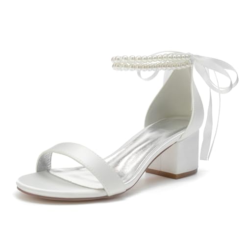 Perle Knöchelriemen Pumps mit Low Heels Elegante Klassische Sandalen mit Absatz 5.5cm Heel Party Hochzeit Heels Brautschuhe Stöckelschuhe,A Ivory,39EU von SFSSWSRYDF