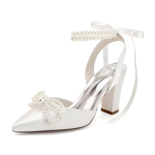 Slingback Brautkleid Schuhe Chunky Block Heels Perle Schleife Knöchelriemchen Spitzen Zehen Satin Pumps 8.5cm Heel,Elfenbein,36 EU von SFSSWSRYDF