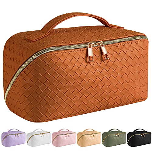 SFXULIX Reise-Kosmetiktasche mit großem Fassungsvermögen – Make-up-Tasche, PU-Leder, wasserdichte Kosmetiktasche, Damen, tragbare Reise-Make-up-Tasche mit Griff und Trennwand, flach liegend, von SFXULIX