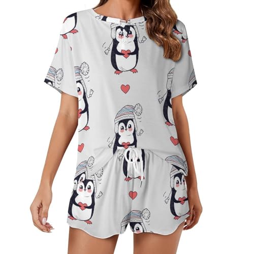 SFZPVMP Cartoon Pinguin Pyjama Für Damen Kurzarm Nachtwäsche Pjs Sets Kurz Schlafanzug Hausanzug von SFZPVMP