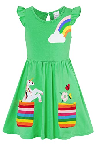 SFreeBo Einhorn Kleid Mädchen Sommerkleid Kinder Rüschenärmel Bunt Taschen Gesticktes Regenbogen Kleid Mädchen 104 von SFreeBo