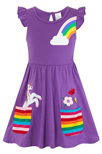 SFreeBo Einhorn Kleid Mädchen Sommerkleid Kinder Rüschenärmel Bunt Taschen Gesticktes Regenbogen Kleid Mädchen 104 von SFreeBo