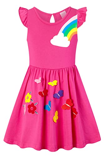 SFreeBo Einhorn Kleid Mädchen Sommerkleid Kinder Rüschenärmel Bunt Taschen Gesticktes Regenbogen Kleid Mädchen 104 von SFreeBo