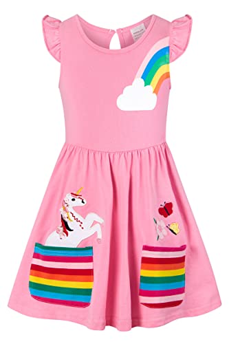 SFreeBo Einhorn Kleid Mädchen Sommerkleid Kinder Rüschenärmel Bunt Taschen Gesticktes Regenbogen Kleid Mädchen 110 von SFreeBo