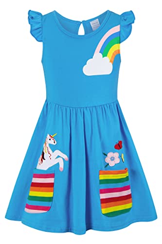 SFreeBo Einhorn Kleid Mädchen Sommerkleid Kinder Rüschenärmel Bunt Taschen Gesticktes Regenbogen Kleid Mädchen 116 von SFreeBo