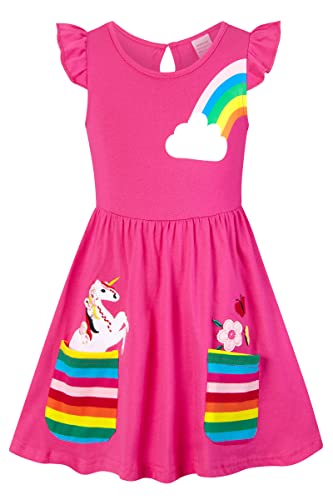 SFreeBo Einhorn Kleid Mädchen Sommerkleid Kinder Rüschenärmel Bunt Taschen Gesticktes Regenbogen Kleid Mädchen 122 von SFreeBo
