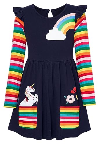 SFreeBo Einhorn Regenbogen Kleid für Mädchen - Kinder Geschenk Baumwolle Langarm Bunt Kleider - 110, Navy Blau von SFreeBo