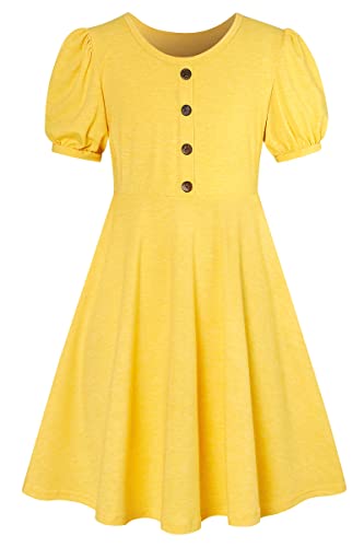 SFreeBo Kleider für Kinder 12–13 Jahre Gelb Baumwolle Mädchenkleid Casual Midi Sommerkleid Klassiker Hoher Taille A-Linie Siwng Skaterkleid Freizeit Kleid von SFreeBo