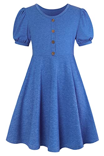 SFreeBo Mädchen Kleid Blau Kinderkleid Sommer Kurzärmel Mädchenkleid Einfacher A-Linie Siwng Kleider für Kinder 9-10 Jahre Mädchen Baumwolle Freizeit Kleid von SFreeBo