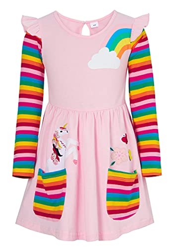 SFreeBo Mädchen Kleider Einhorn Regenbogen Kleid Kinder Mädchen Geschenk Baumwolle Langarm Bunt Kleider für Mädchen 104,Rosa von SFreeBo