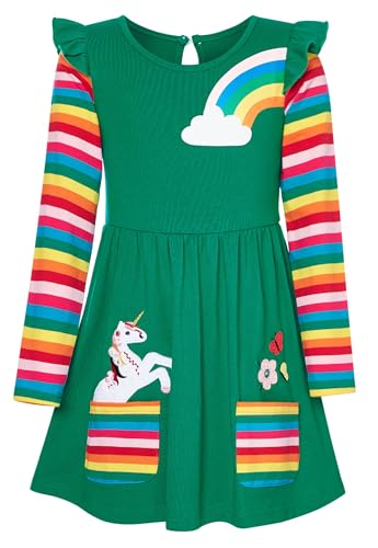 SFreeBo Mädchen Kleider Einhorn Regenbogen Kleid Kinder Mädchen Geschenk Baumwolle Langarm Bunt Kleider für Mädchen 110,Grün von SFreeBo