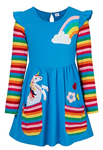SFreeBo Mädchen Kleider Einhorn Regenbogen Kleid Kinder Mädchen Geschenk Baumwolle Langarm Bunt Kleider für Mädchen 116,Blau von SFreeBo